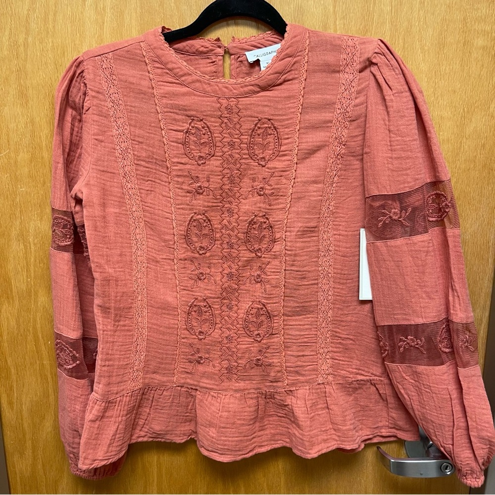 Calligraphie Long Sleeve Blouse Terra Cotta color Embroidered Women’s XS NWT - Picture 1 of 8